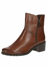 Bota de cuero marrón hasta el tobillo con punta afilada, cremallera lateral y un tacón bajo apilado. Textura suave con detalles de costura mínimos.