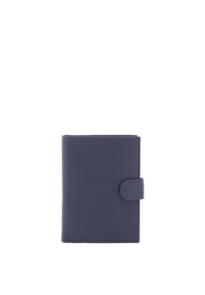 Portafoglio in pelle blu navy con una texture liscia, forma rettangolare e chiusura a pressione. Presenta un marchio impreziosito in rilievo sul davanti.