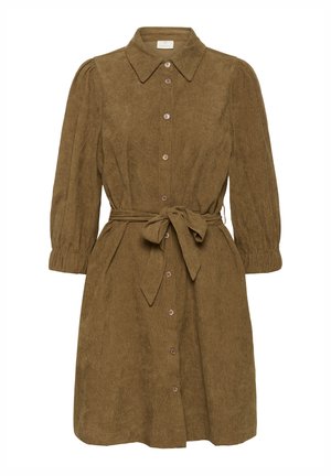 Robe en velours côtelé marron avec un col chemise, des manches longues, un devant boutonné et une taille ceinturée. Dispose d'un tissu texturé et de fronces aux manches.