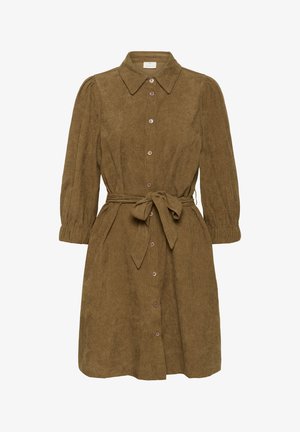 Pruunist korduroost valmistatud kleit, millel on kraega kaelus, pikad varrukad, nööpidega esikülg ja seotud vöökoht. Omab tekstuurset kangast ja volditud varrukaid.