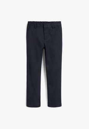 Mornarske modre hlače iz mehke tkanine z gladko teksturo, z jasnim pasom z elastiko, dvema sprednjima žepoma in klasično ravno krojenimi hlačnicami.