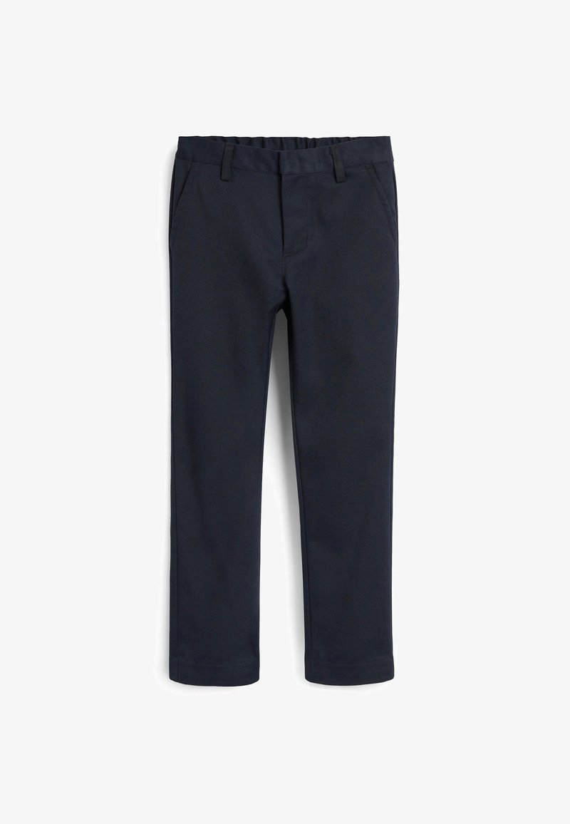Pantaloni bleu marin dintr-un material moale, cu o textură netedă, având un talie elastică, două buzunare frontale și picioare drepte croite.