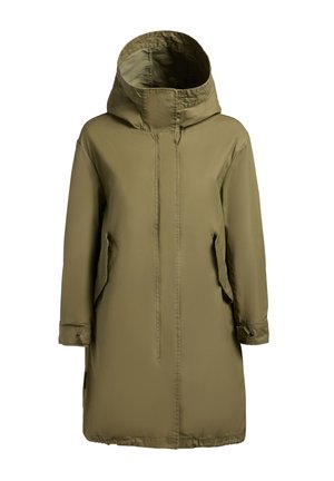 Lungo cappotto verde oliva con cappuccio, cerniera frontale, tasche con patta e polsini con bottoni, progettato per il freddo.