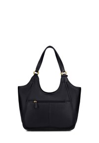 Sac à main en cuir noir avec surface texturée, silhouette arrondie et quincaillerie dorée. Comprend une poche zippée à l'avant pour un rangement supplémentaire.