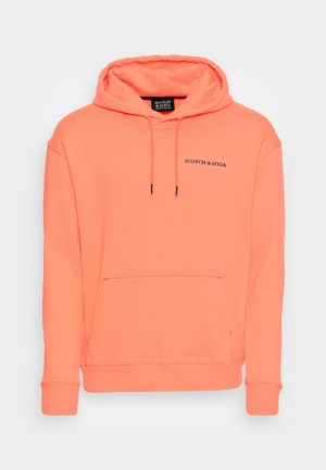 Pullover-Hoodie in leuchtendem Koralle, aus weichem Baumwollmix. Mit einer Kängurutasche, verstellbarem Kordelzug und gerippten Bündchen.