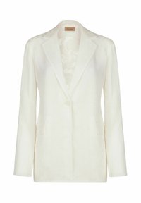 Vit linneblazer med långa ärmar, slag med hak, enkelt knappstängning, två framfickor och en subtilt mönstrad innerfoder.