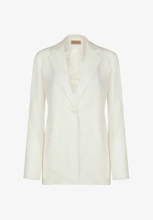 Weißes Leinenblazer mit einem Knopfverschluss, zwei Fronttaschen und einem Reverskragen-Design. Leichter Stoff mit glatter Textur.