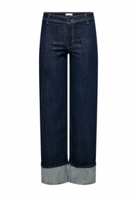 Tumši zili platie džinsi ar neapstrādātu apakšmalu un kontrastējošiem gaiši ziliem apkaklīšiem. Iekļauj standarta kabatas un pogu aizdari jostas vietā.