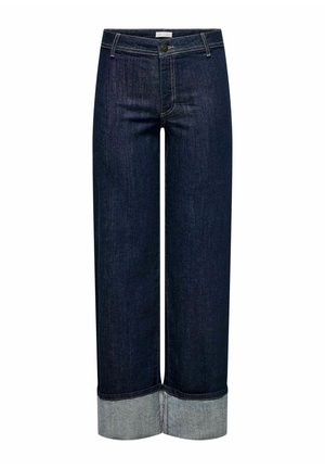 Jean large bleu foncé avec un ourlet brut et des poignets en bleu clair contrasté. Comprend des poches classiques et une fermeture à bouton à la taille.