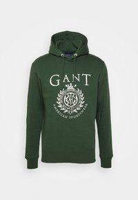Sudadera de algodón verde con un gran logo blanco y un intrincado diseño de escudo en el frente, capucha con cordones y puños de canalé.