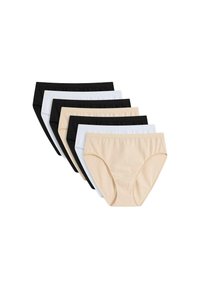 Six paires de culottes en coton de couleurs noire, blanche et chair. Présentent un design classique avec une taille élastique et des bords sans couture.