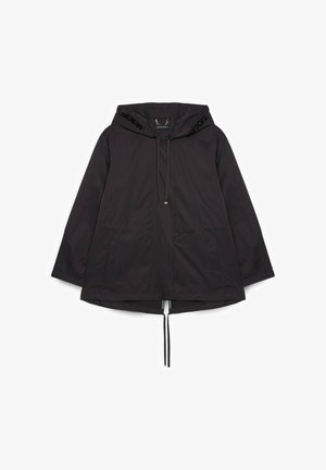 Veste noire à capuche avec poches avant, cordon de serrage à la capuche et à l'ourlet, manches longues et ourlet légèrement évasé.