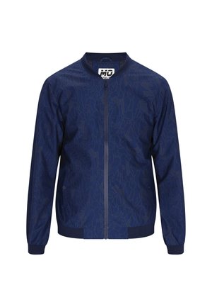 Giacca bomber blu navy con un motivo testurizzato, zip frontale, polsini e orlo a costine. Tessuto leggero, design casual adatto per sovrapposizioni.