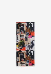Multicolored scarf featuring a collage of images, leaves, and patterns on a light background. Printed graphics include various textures.