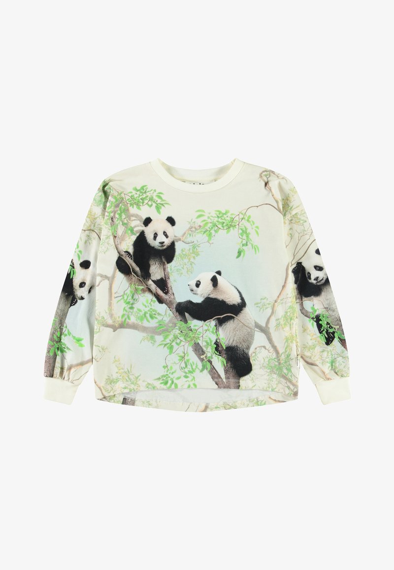 Sweatshirt de manga longa em creme claro com estampado de panda em ramos com folhas verdes, feito de tecido suave com punhos canelados.