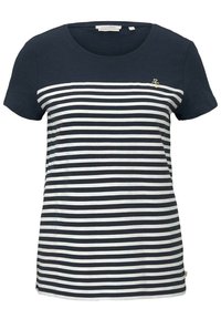 Navy sininen lyhythihainen t-paita, jossa on vaakasuoria valkoisia raitoja ja pieni kultainen ankkuriembleemi vasemmassa rinnassa. Pehmeä puuvillamateriaali.