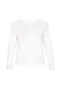 Pulover alb tricotat cu mâneci lungi tip raglan, guler rotund, tiv și manșete ribbate, având o textură netedă și un design minimalist.