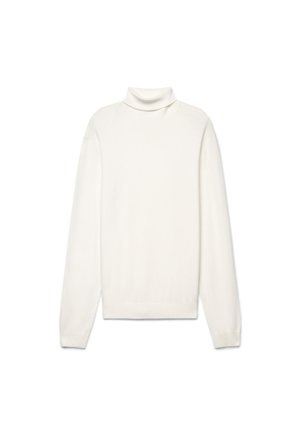 Maglione bianco a collo alto con maniche lunghe e polsini e orlo a coste, mostrato su sfondo bianco.
