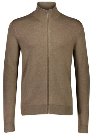 Neulepaita hillityssä ruskeassa värissä, jossa on korkea kaulus ja täyspitkä vetoketju, ribbetyt hihansuut ja helma saavat aikaan istuvan ilmeen.