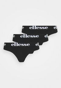 Czarny zestaw stringów składający się z trzech elementów z białymi elastycznymi paskami z logo "ellesse". Gładki materiał i minimalistyczny design.