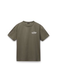 Olive green cotton t-shirt with short sleeves, round neckline, and a white logo on the left chest. Smooth texture and casual design.