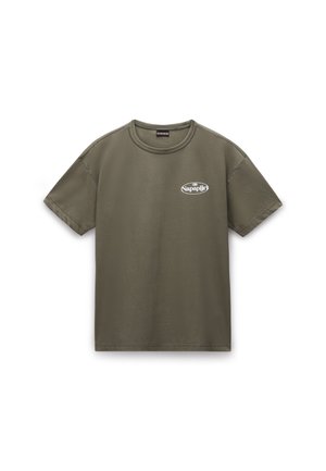 Olive green cotton t-shirt with short sleeves, round neckline, and a white logo on the left chest. Smooth texture and casual design.