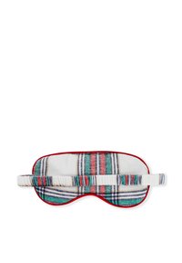 Maschera per il sonno a quadri realizzata in morbido cotone, con dettagli rossi, una fascia elastica e un motivo a quadri multicolore in verde, rosso e blu.