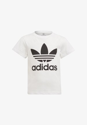 Hvid bomulds t-shirt med rundt halsudskæring, korte ærmer, med et stort sort Adidas-logo og tre sorte striber under logoet.