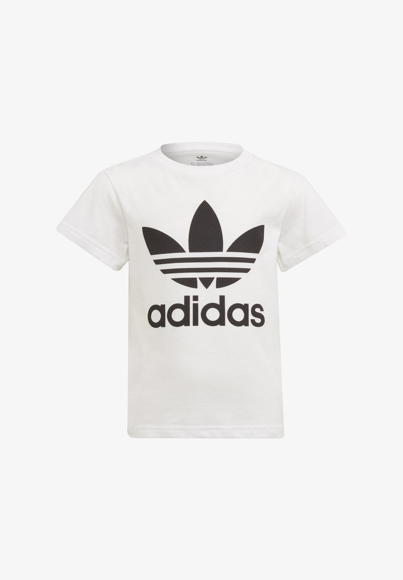 White cotton t-shirt with a round neckline, short sleeves, featuring a large black Adidas logo and three black stripes below the logo.