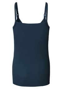 Mørkeblå ribbet tanktop med justerbare stropper, rektangulær halsudskæring og en tætsiddende silhuet, designet til en tæt pasform.