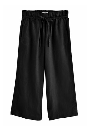 Black linen wide-leg pants with an elastic waistband and adjustable drawstring. Features two side pockets and a smooth, textured finish.