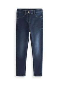 Tummansiniset farkut slim fit -mallilla, joissa on nappikiinnitys, viisi taskua ja näkyvät tikkauslinjat saumoissa.