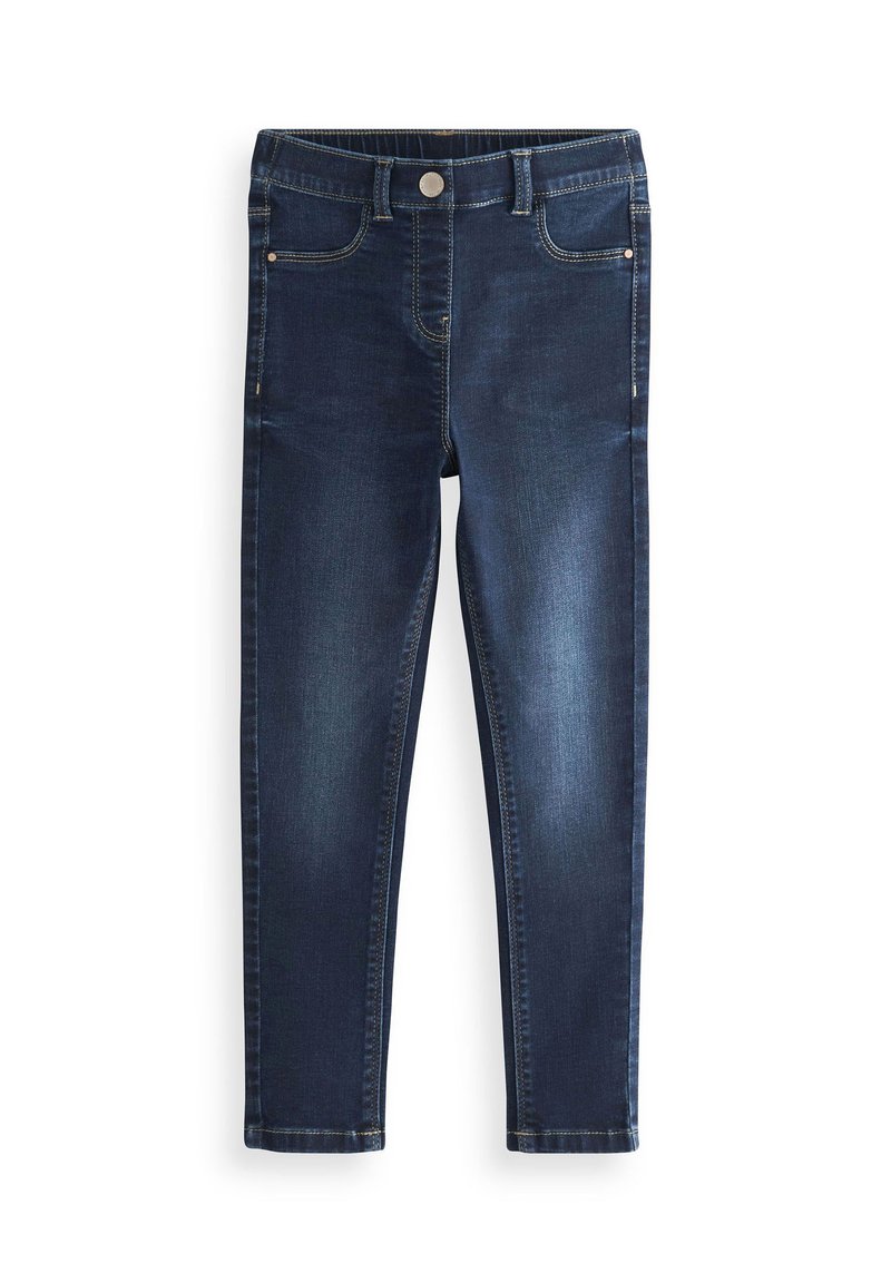 Tummansiniset farkut slim fit -mallilla, joissa on nappikiinnitys, viisi taskua ja näkyvät tikkauslinjat saumoissa.