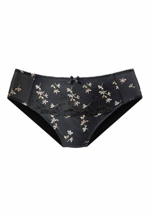 Schwarze Unterwäsche mit floralem Stickerei in Pink, Gelb und Grün; mit Spitzenbesatz, transparenter Material und einer kleinen Satinschleife vorne.