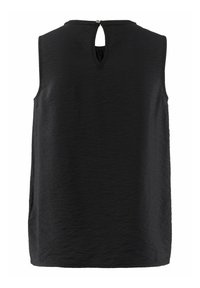 Černý top bez rukávů s texturovanou látkou, který má na zadní straně detail ve tvaru klíčové dírky a jemně zmačkaný povrch.