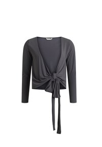 Szary długi rękaw, węższa bluzka z gładkiego materiału, z głębokim dekoltem w serek i węzłem z przodu, z wstążkami zwisającymi w dół.