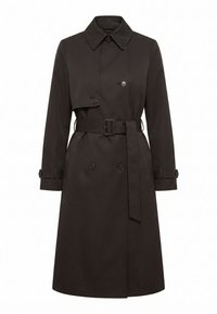 Σκούρο καφέ μακρύ trench coat με διπλή σειρά κουμπιών, ζώνη στη μέση, φαρδύ γιακά και μανσέτες με κουμπιά, εμφανίζεται σε λευκό φόντο.