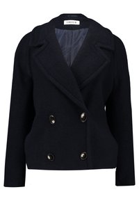 Marineblauwe dubbelzijdige wollen blazer met opvallende revers, twee knopen en een gestructureerde afwerking. Lichtgewicht met een zachte binnenvoering.