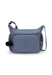 Borsa a spalla blu in nylon con finitura testurizzata, tasca con zip anteriore e logo rotondo. Presenta un accento in pom-pom/nascondino nero rimovibile.