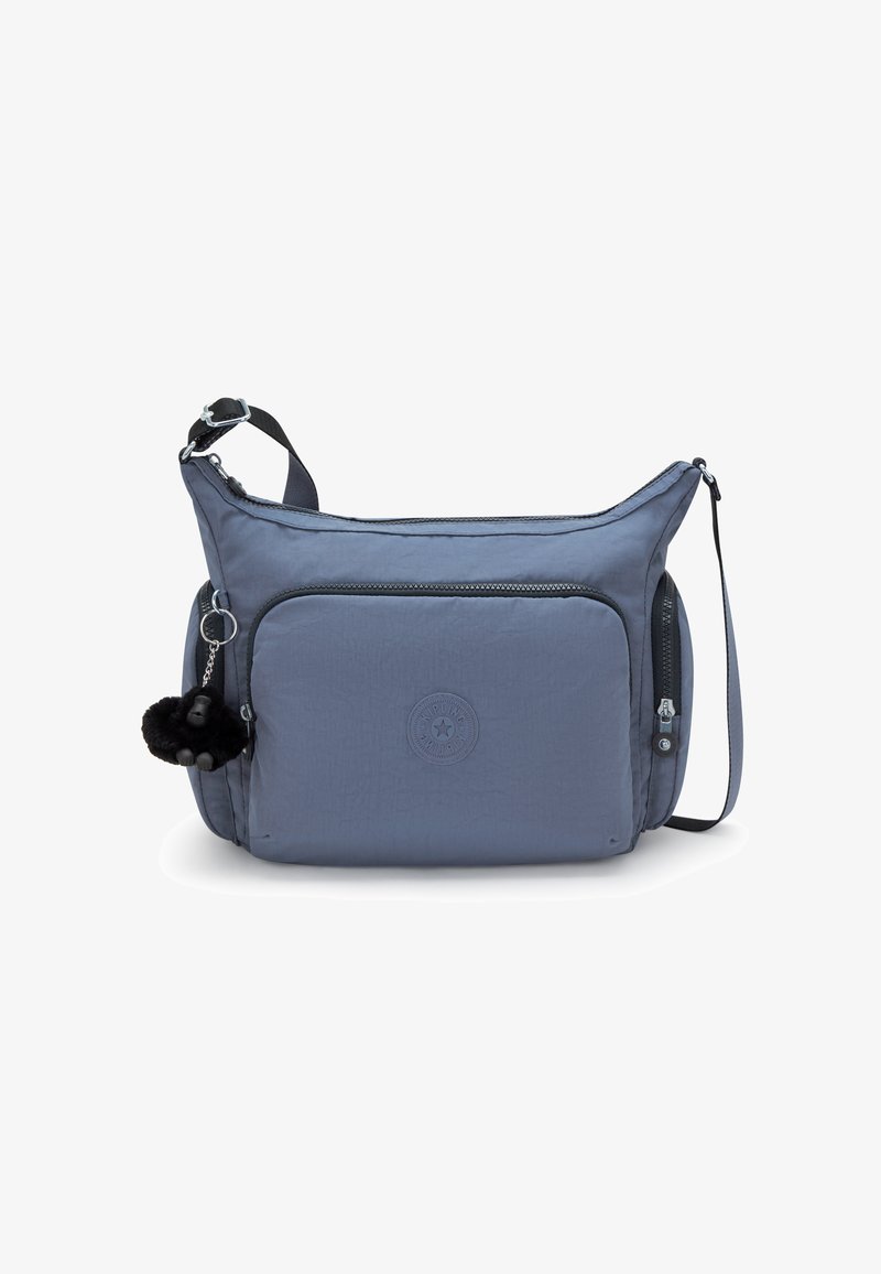 Borsa a spalla blu in nylon con finitura testurizzata, tasca con zip anteriore e logo rotondo. Presenta un accento in pom-pom/nascondino nero rimovibile.