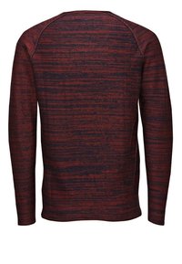 Maglia a maniche lunghe in un motivo a righe bordeaux e blu navy, realizzata in tessuto morbido con scollatura tonda e design delle maniche raglan.