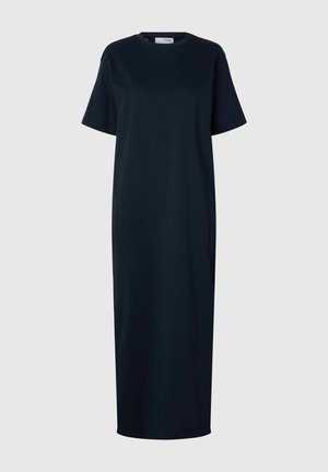 Navyblaues Maxikleid mit kurzen Ärmeln aus glattem Stoff. Mit rundem Ausschnitt und geradem Schnitt für eine lockere Passform.