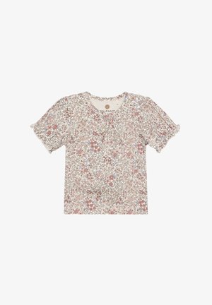 Maglietta a maniche corte con motivo floreale crema chiaro, con fiori rosa e blu. Tessuto morbido con dettaglio arricciato al collo.