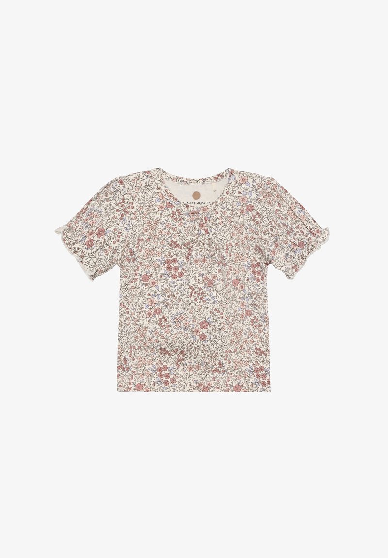 Maglietta a maniche corte con motivo floreale crema chiaro, con fiori rosa e blu. Tessuto morbido con dettaglio arricciato al collo.