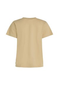 Beige cotton t-shirt with short sleeves, crew neck, and a relaxed fit. Smooth texture with minimal stitching detail at the hem.