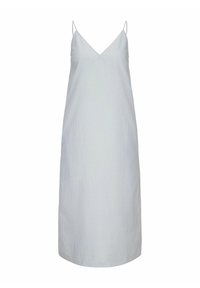 Vestido de tirantes a rayas en azul claro y blanco, hecho de una tela suave, con tirantes finos y un diseño de escote en V. Corte simple y recto.