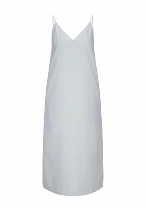 Pasiasta sukienka na ramiączkach w jasnoniebieskim i białym kolorze, wykonana z miękkiego materiału, posiada cienkie ramiączka i dekolt w kształcie litery V. Prosty, prosty fason.