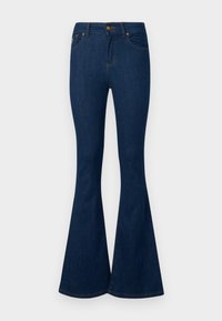 Dark blue flared jeans made of denim. Features a fitted waist, button closure, and a wide flare starting from the knee.