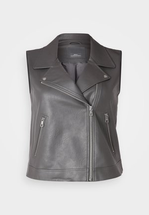 Γκρι δερμάτινο γιλέκο μηχανής χωρίς μανίκια με γιακά με αναγόμωση, διαγώνιο φερμουάρ μπροστά και δύο τσέπες με φερμουάρ στα πλάγια. Υφή υλικού.