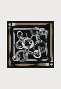 Foulard en soie noir et beige présentant un motif de chaîne en argent, avec des maillons circulaires et des motifs en tourbillon, bordé d'une bordure rectangulaire contrastante.